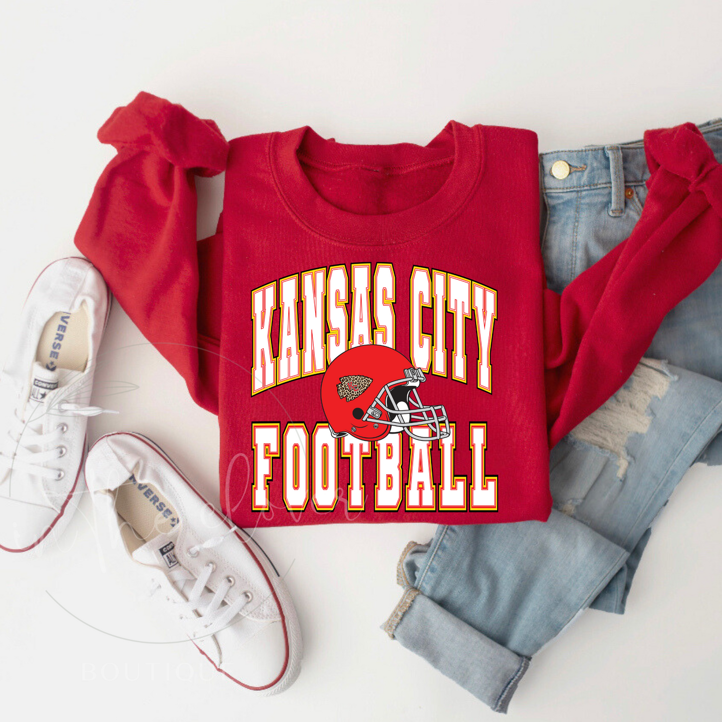Kansas City Football Red Helmet with Leopard Arrowhead Red Crewneck