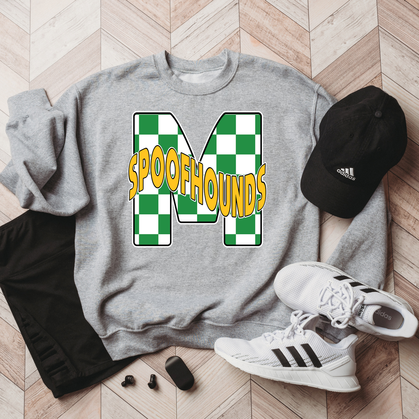 Checkered Spoofhounds Green M on Gold Crewneck