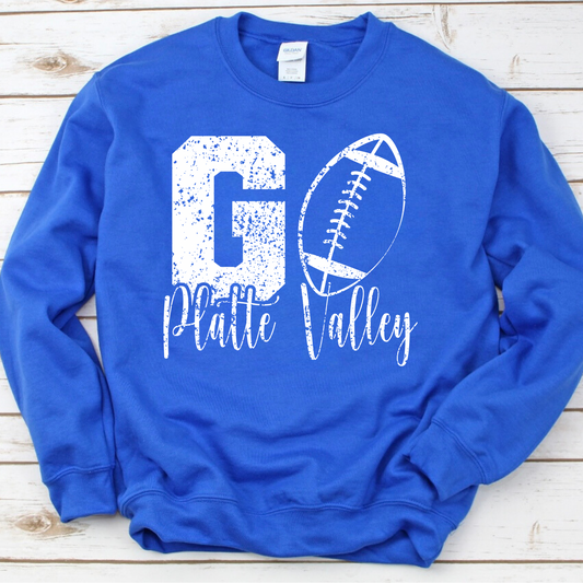 Go Platte Valley Football Distressed Blue Crewneck