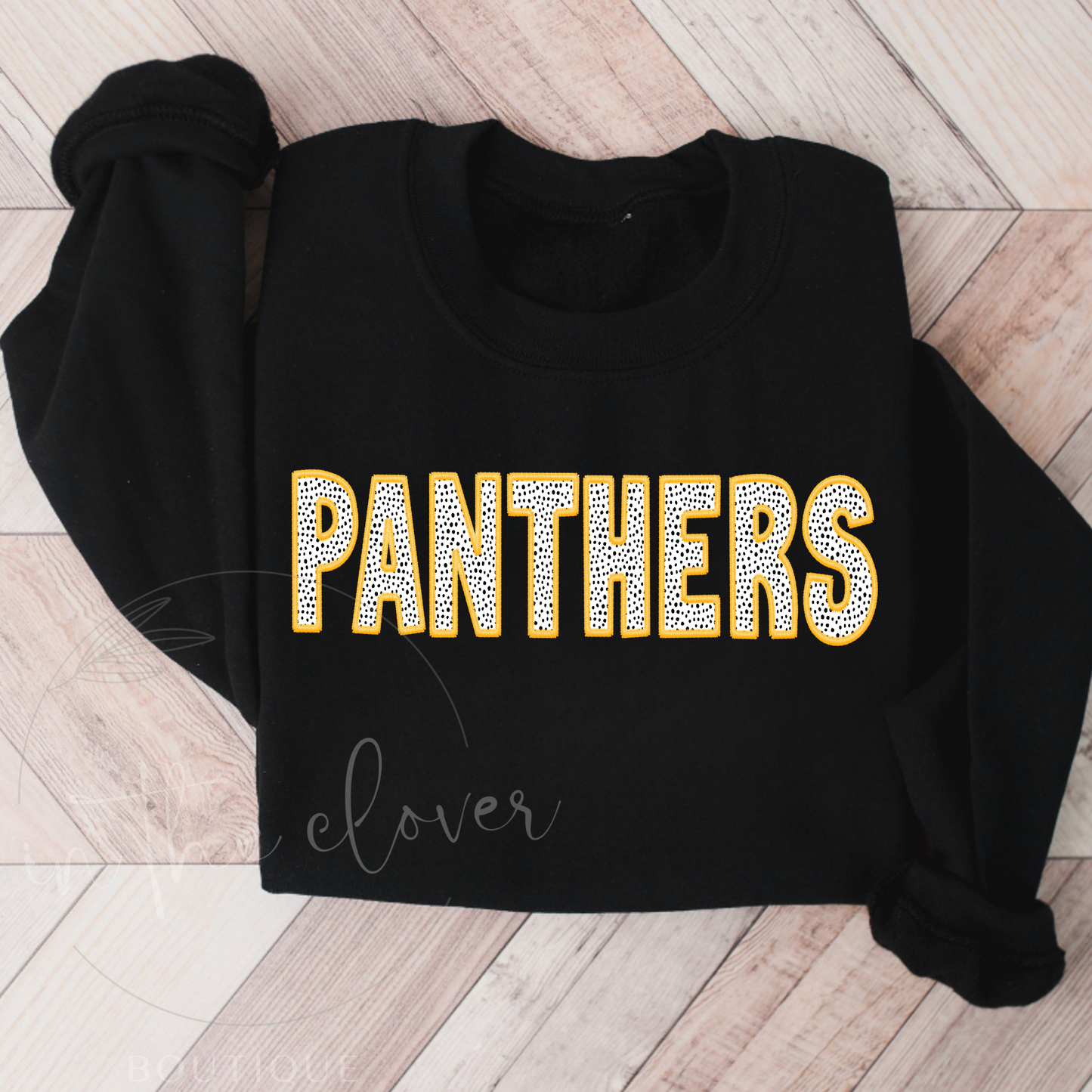 Panthers Gold Faux Embroidery Black Crewneck