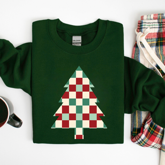 CHECKERED RED & GREEN CHRISTMAS TEE - FOREST CREWNECK