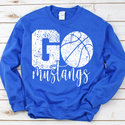 Go Mustangs Basketball Distressed Crewneck