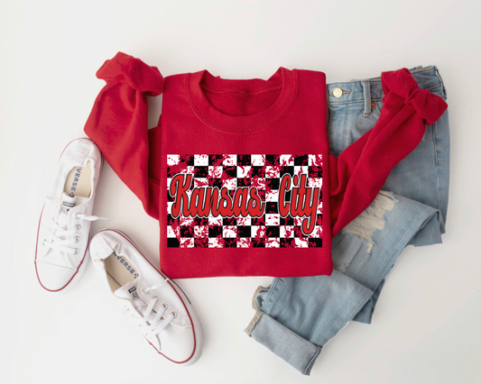 CHECKERED KANSAS CITY SCRIPT - RED CREWNECK