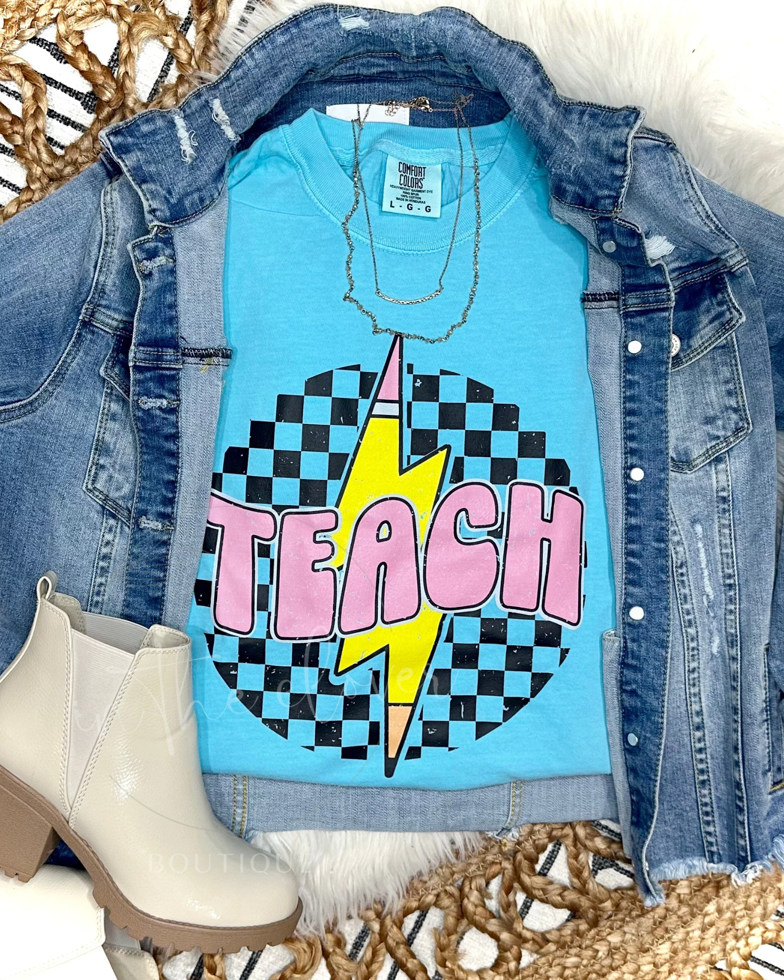 CHECKERED TEACH LIGHTNING BOLT  TEE