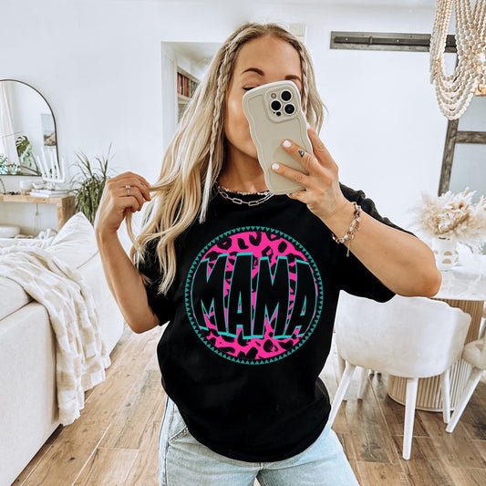 Pink & Teal Leopard Mama Black Tee