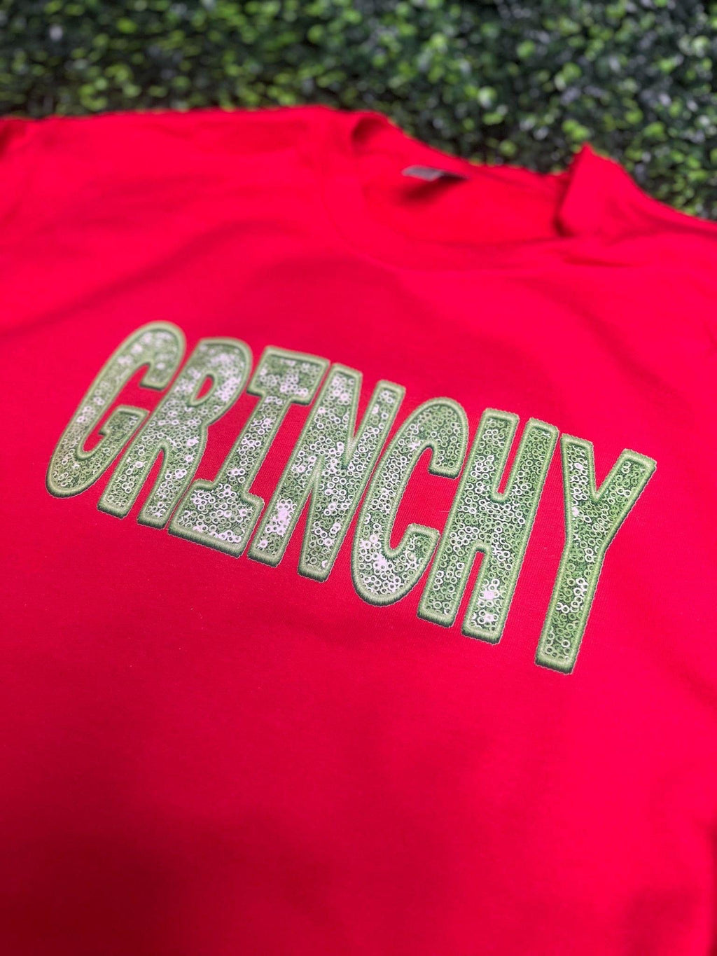 Grinchy Faux Embroidery RED Crewneck