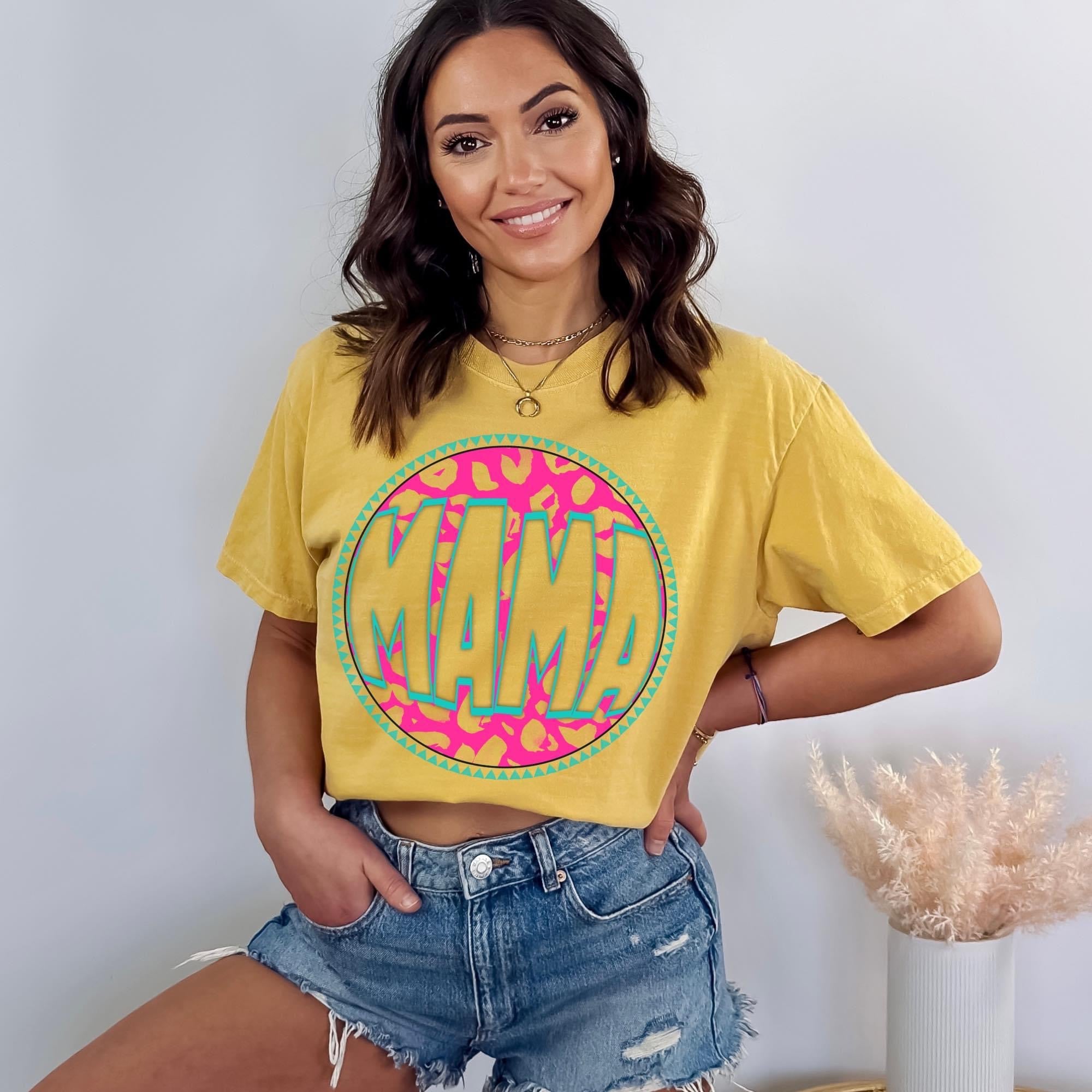 PINK/TEAL LEOPARD MAMA - MUSTARD TEE