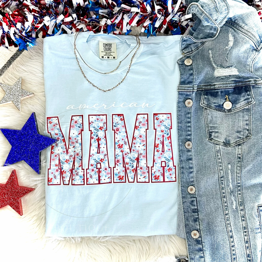 DAINTY FLORAL AMERICAN MAMA - LIGHT BLUE TEE