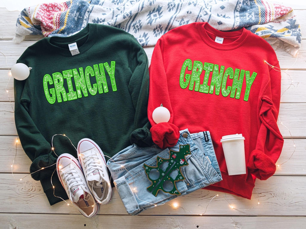 Grinchy Faux Embroidery RED Crewneck