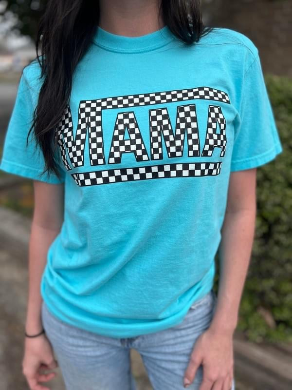 BOXY BLACK AND WHITE CHECKERED MAMA BLUE TEE
