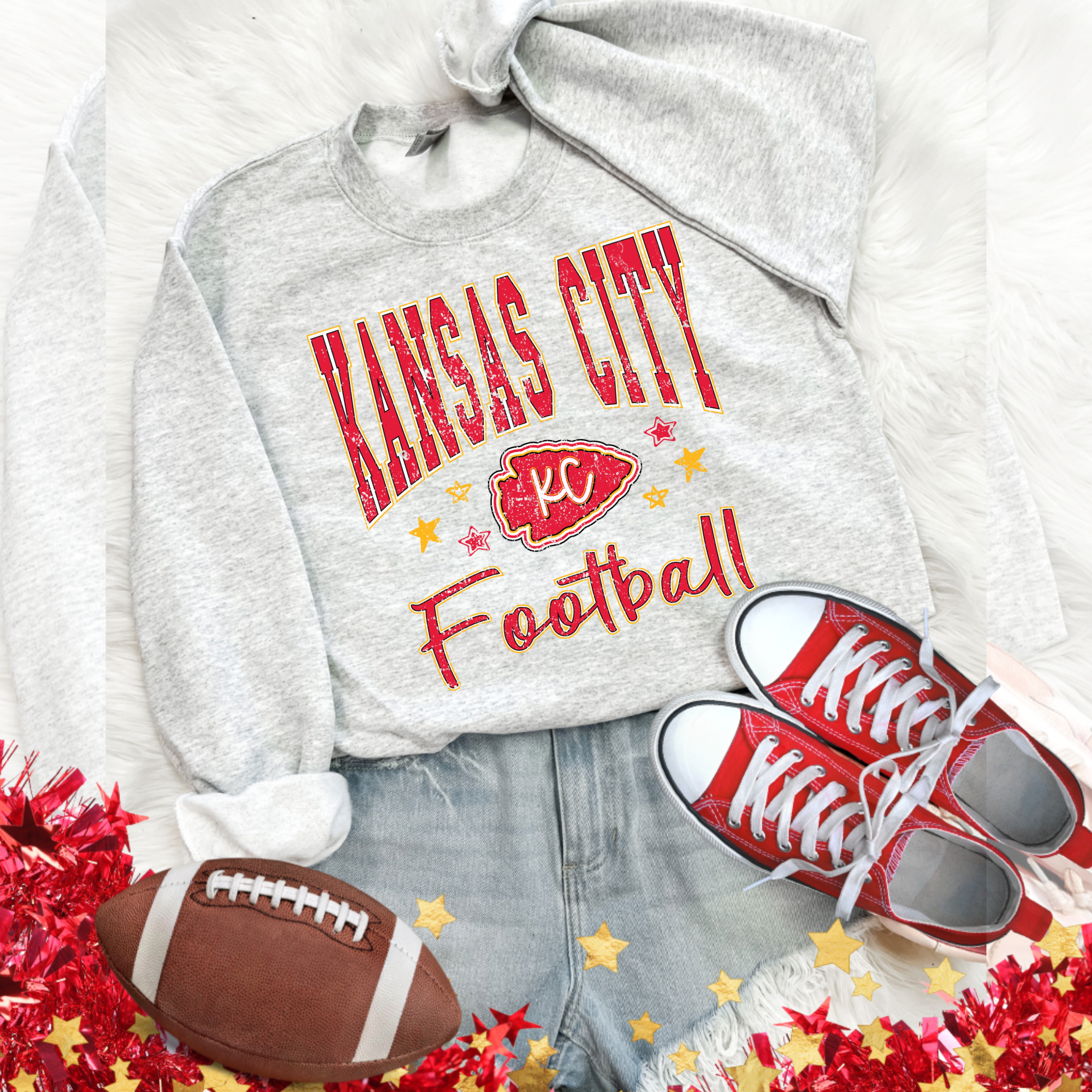 KANSAS CITY FOOTBALL WITH DOODLE STARS - ASH CREWNECK