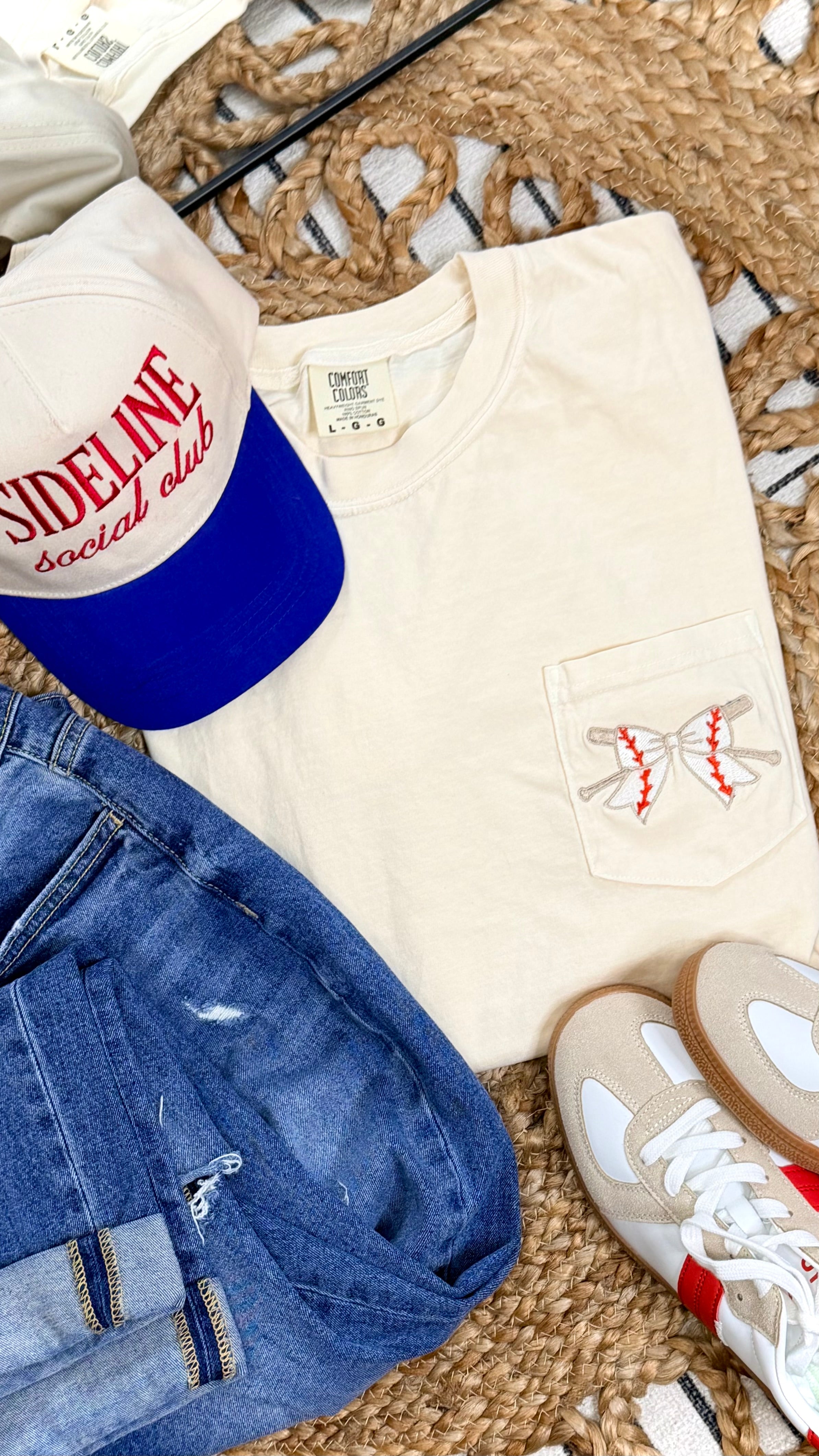 Embroidered Coquette Baseball Bow - Ivory Pocket Tee