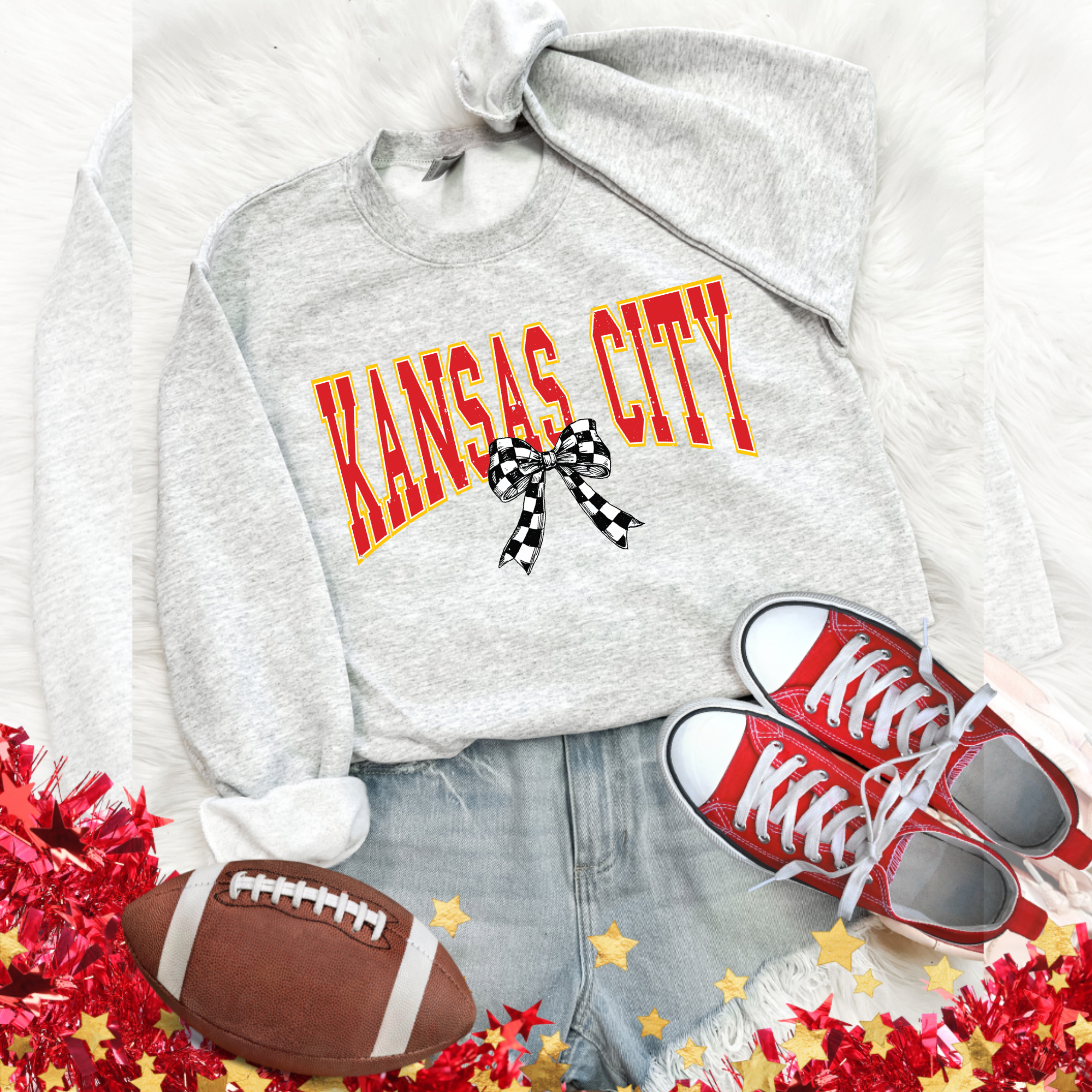 KANSAS CITY CHECKERED BOW - ASH CREWNECK
