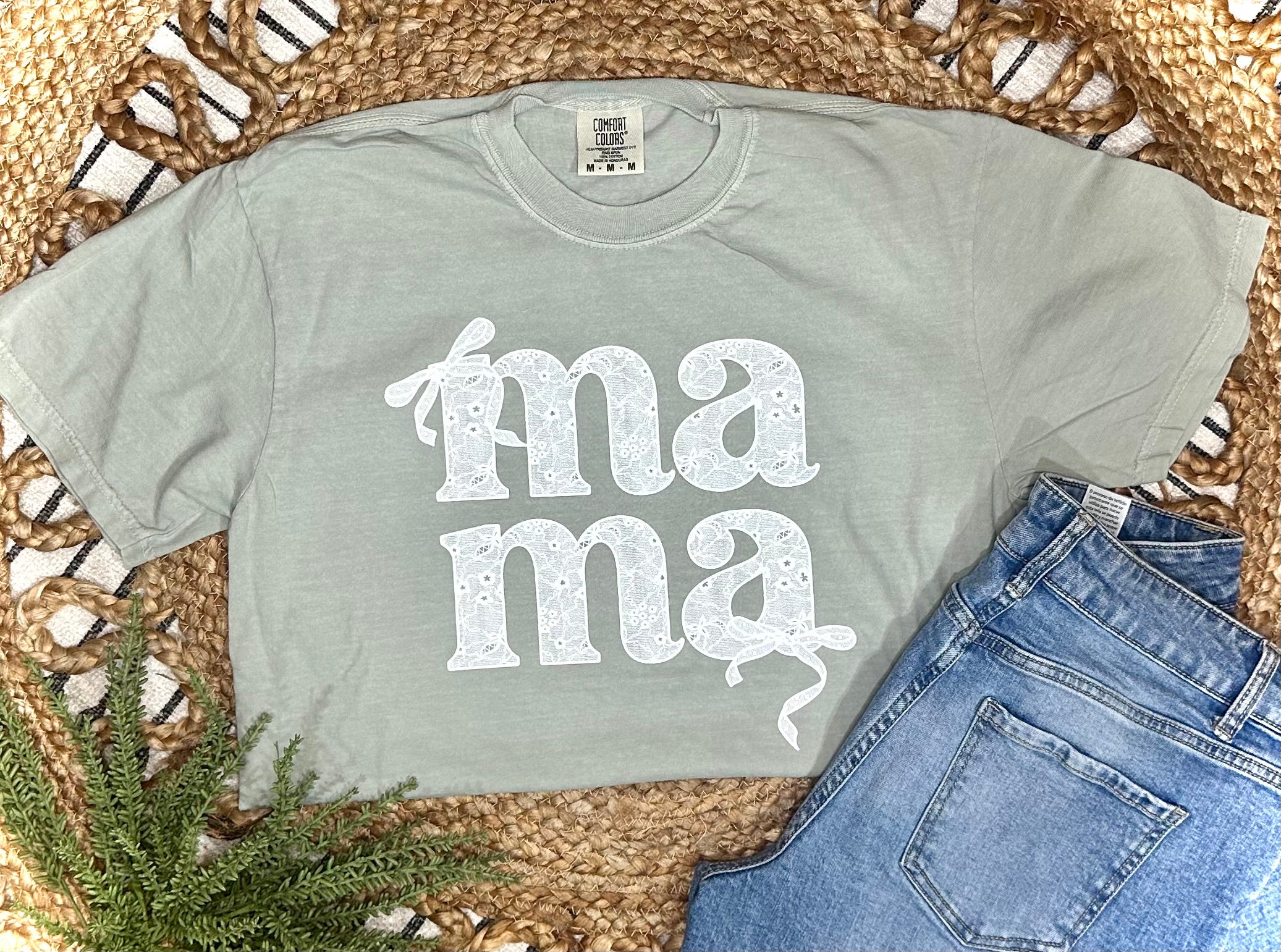 LACE STACKED MAMA - MUTED GREEN TEE