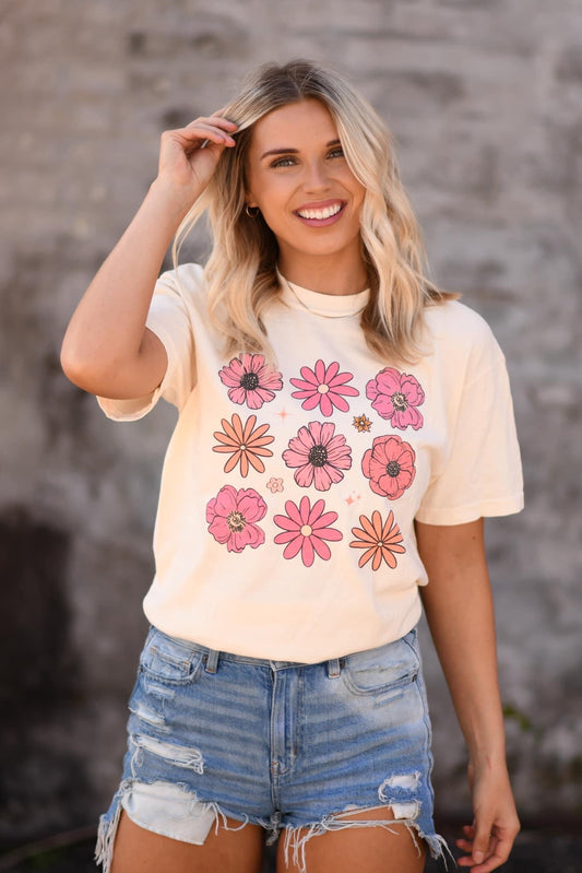 Pink Flowers on Natural Tee