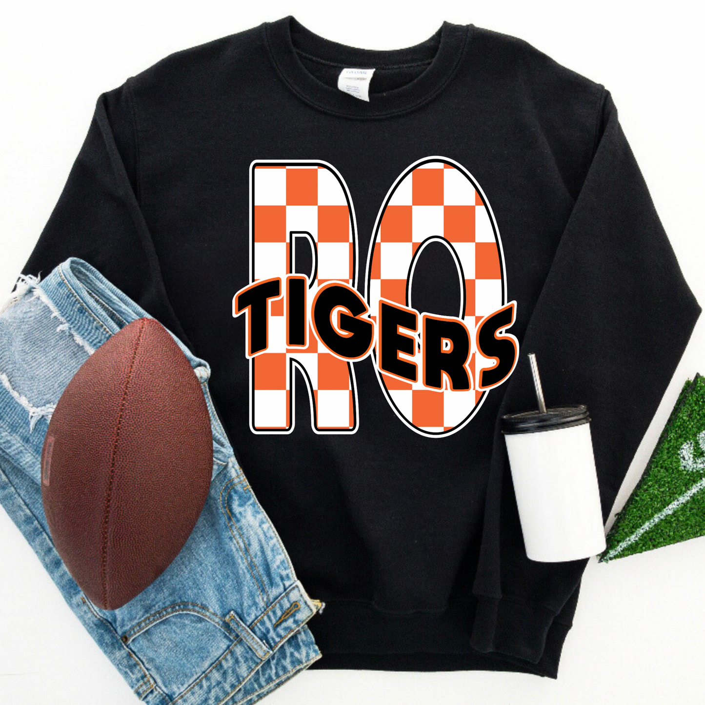 Red Oak Tigers Checkered Black Crewneck