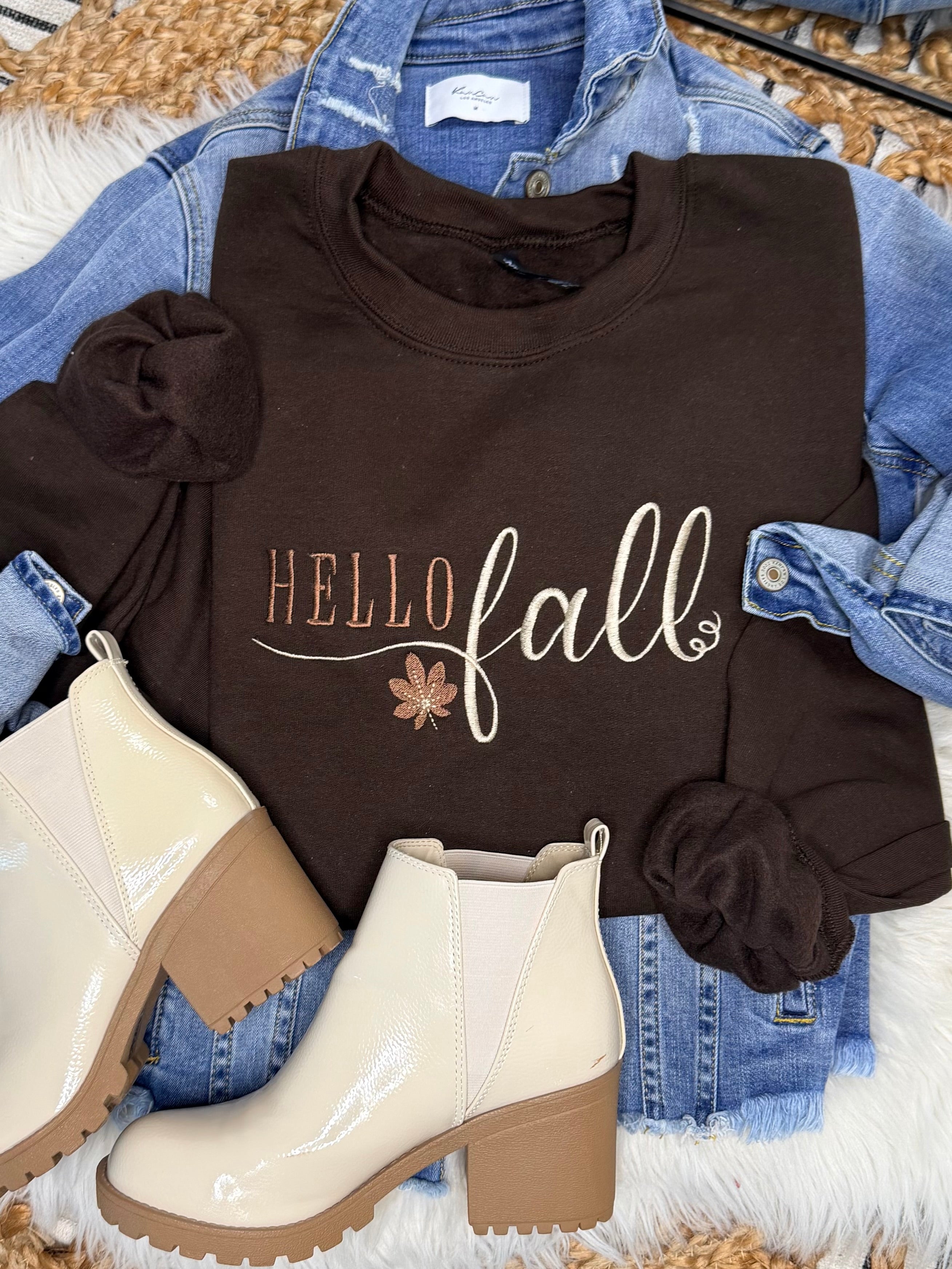Embroidered Hello Fall - Chocolate Crewneck Sweatshirt
