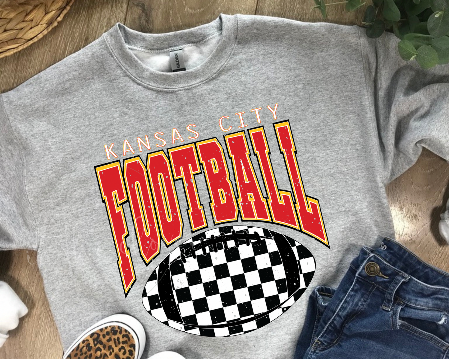 Kansas City Checkered Football Sport Gray Crewneck