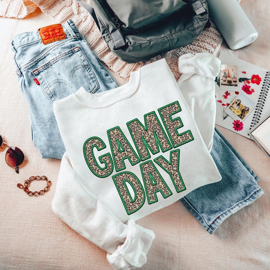 Leopard GAME DAY Green Faux Embroidery White Crewneck