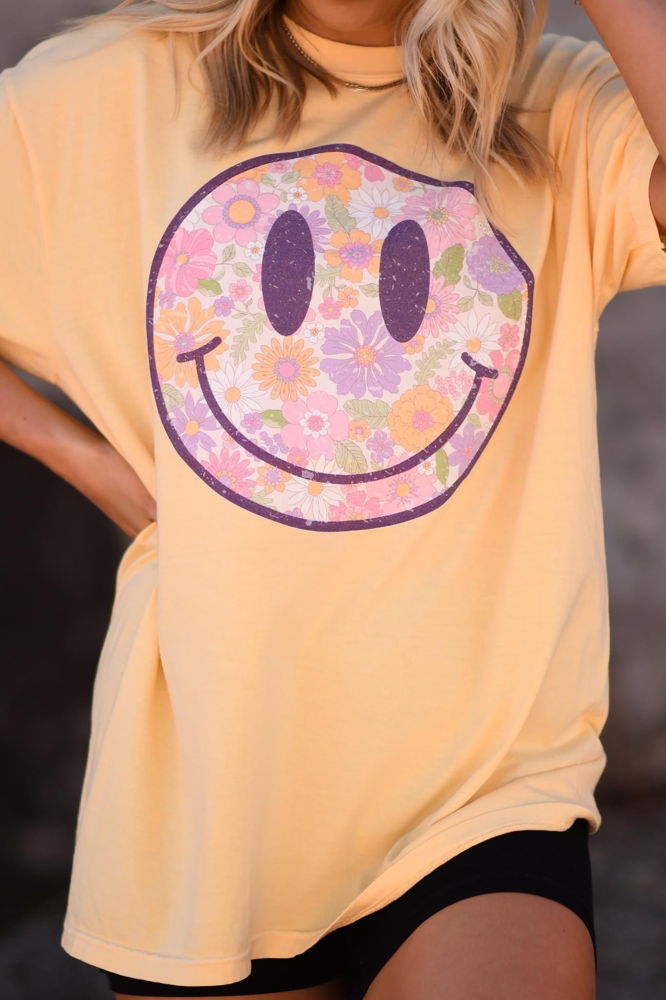 Purple Floral Smiley on Banana Tee