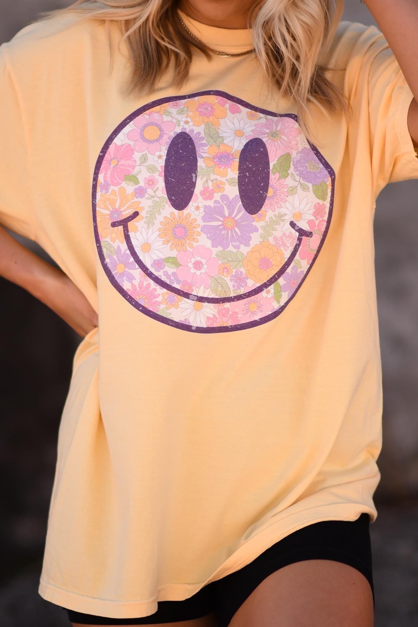 PURPLE FLORAL SMILEY - BANANA TEE