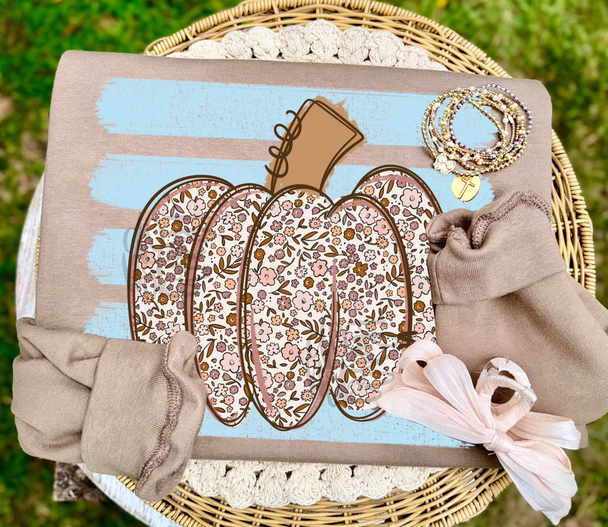 Blue Stripes & Floral Pumpkin - Brown Crewneck