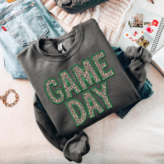 Leopard GAME DAY Green Faux Embroidery Charcoal Crewneck