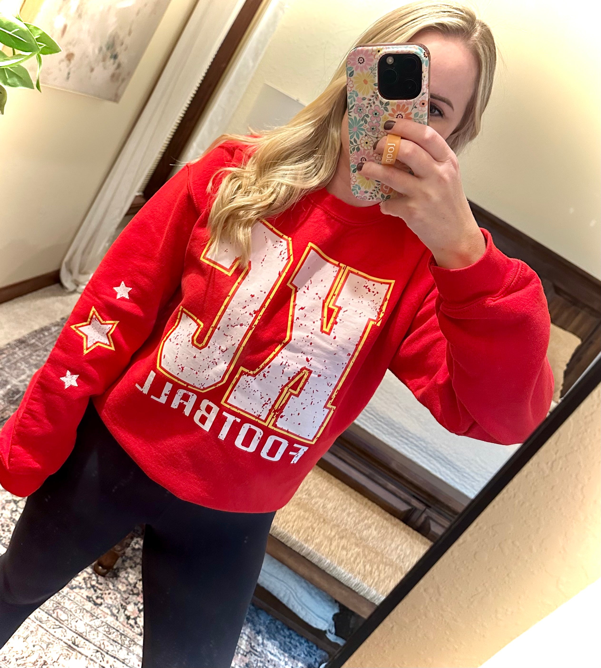 Distressed KC Block on Red Crewneck with Stars