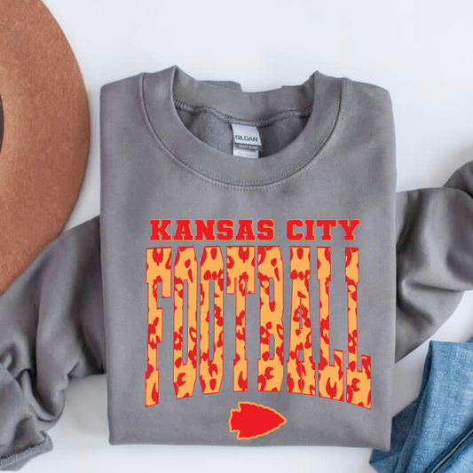 Kansas City Football Gold and Red Leopard Charcoal Crewneck