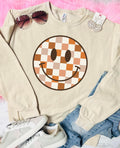 FALL CHECKERED SMILEY - SAND CREWNECK