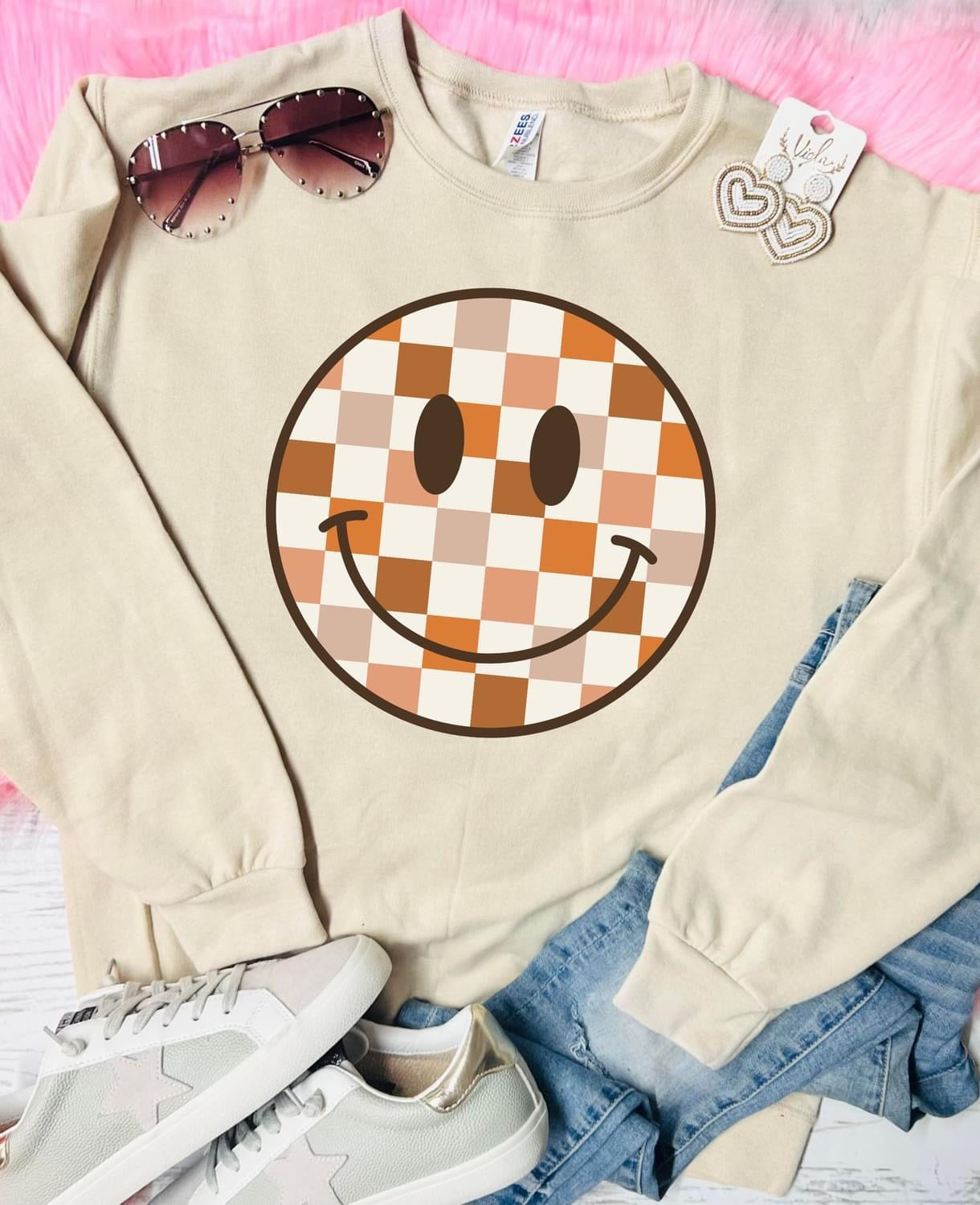 FALL CHECKERED SMILEY - SAND CREWNECK