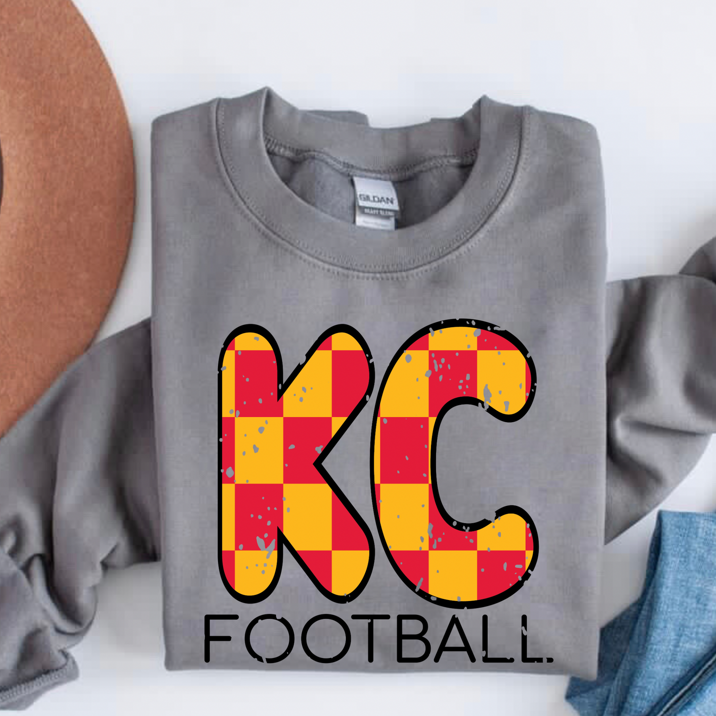 RED & GOLD CHECKERED KC FOOTBALL - CHARCOAL CREWNECK