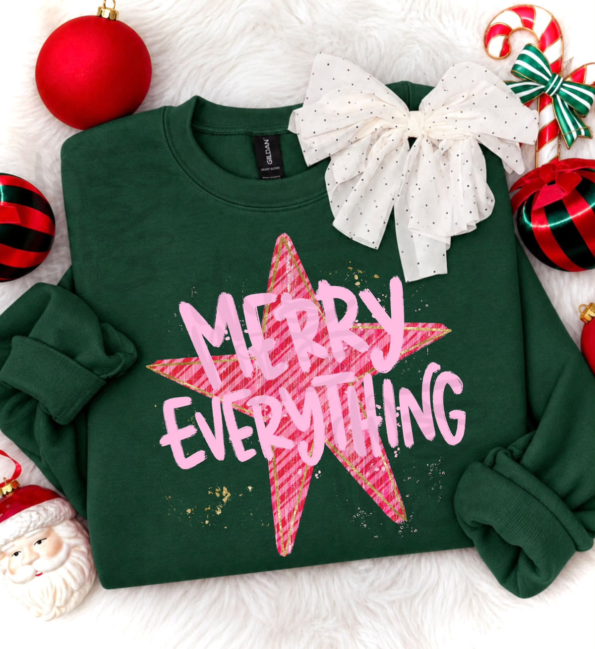 Merry Everything with Pink Star - Forest Green Crewneck