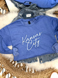 Embroidered Kansas City Script - Heather Royal Blue Crewneck Sweatshirt