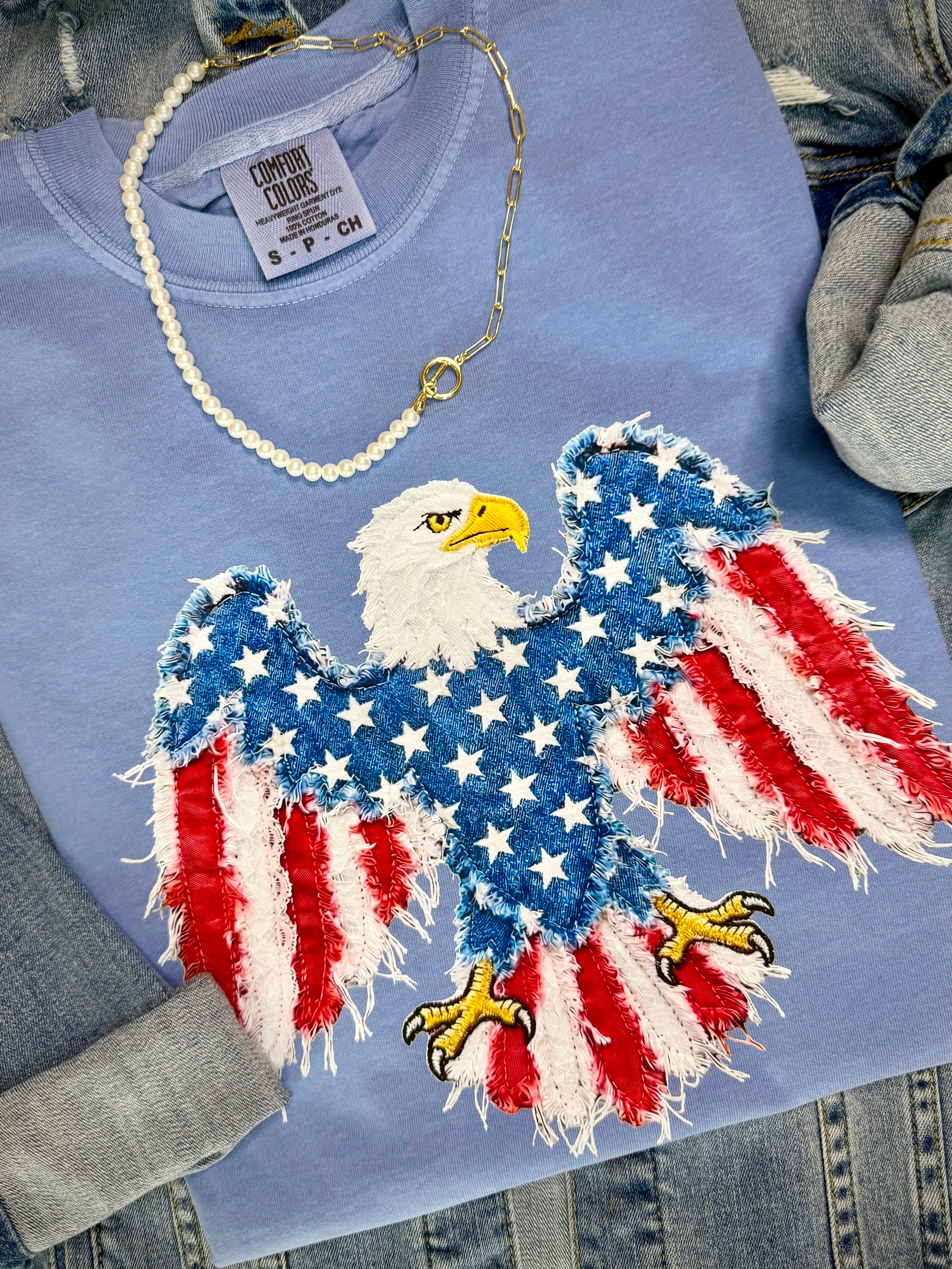 Faux Patchwork Eagle - Blue Tee