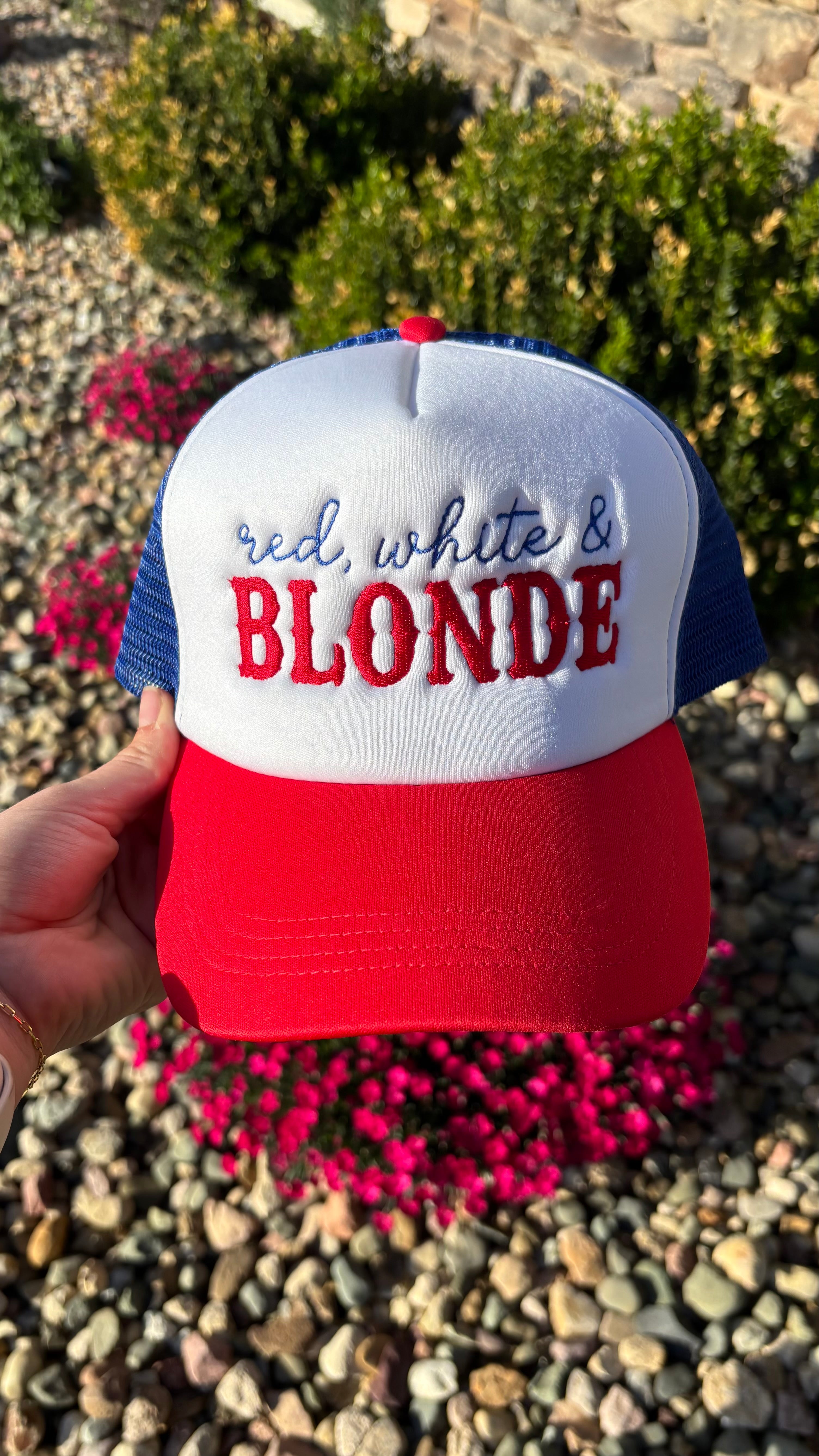 Red, White & Blonde Foam Trucker Hat