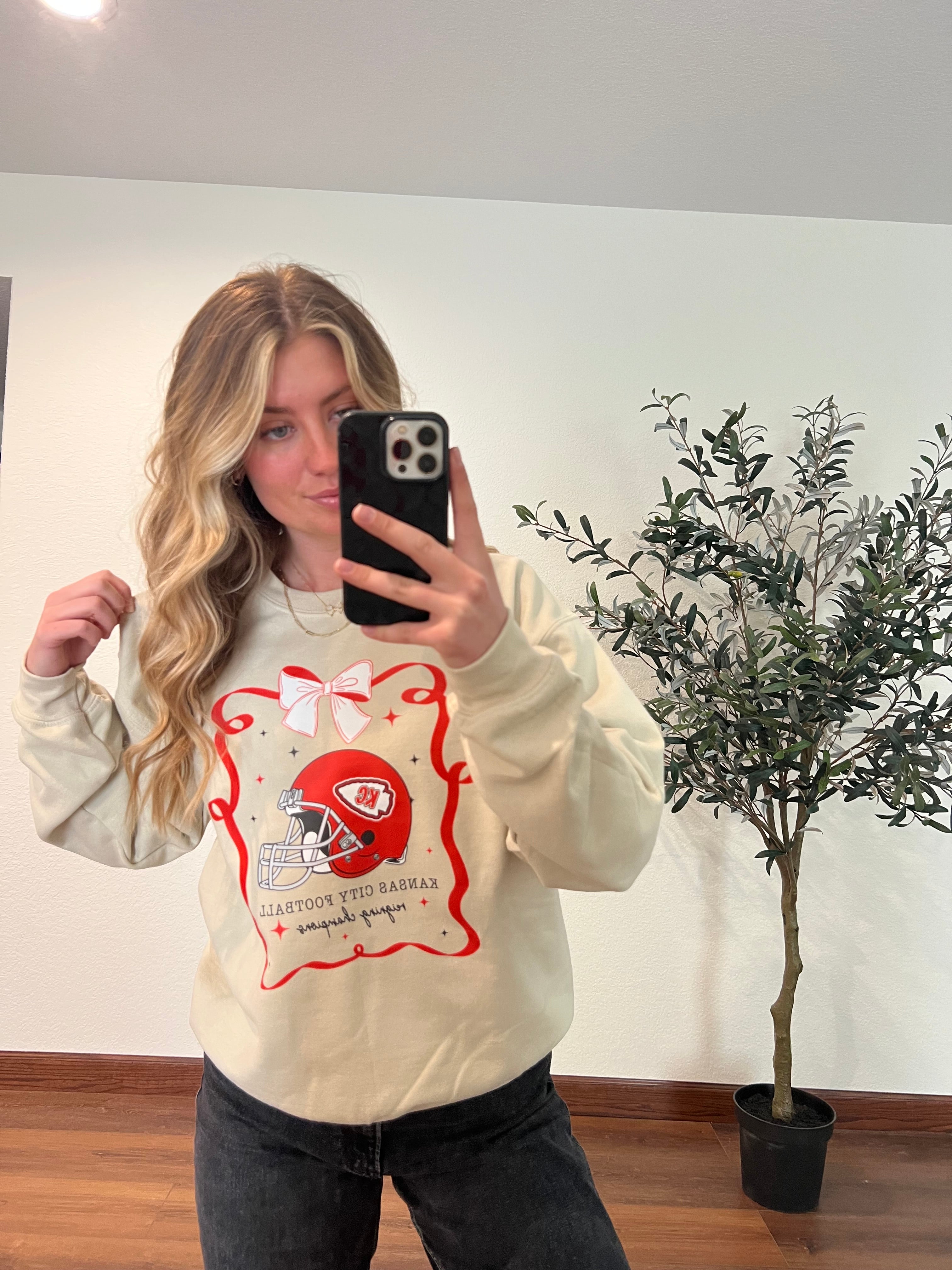 KANSAS CITY FOOTBALL REIGNING CHAMPIONS RIBBON - SAND CREWNECK