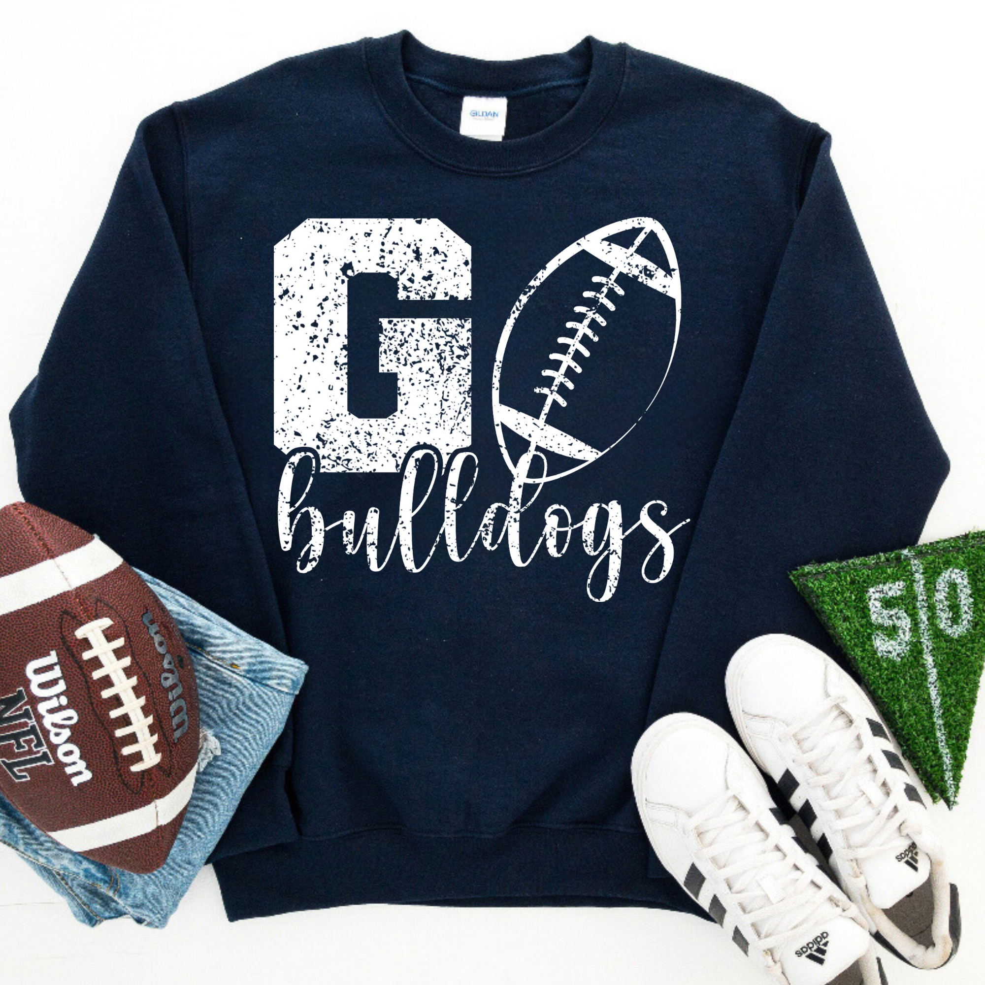 Go Bulldogs Football Distressed Navy Crewneck