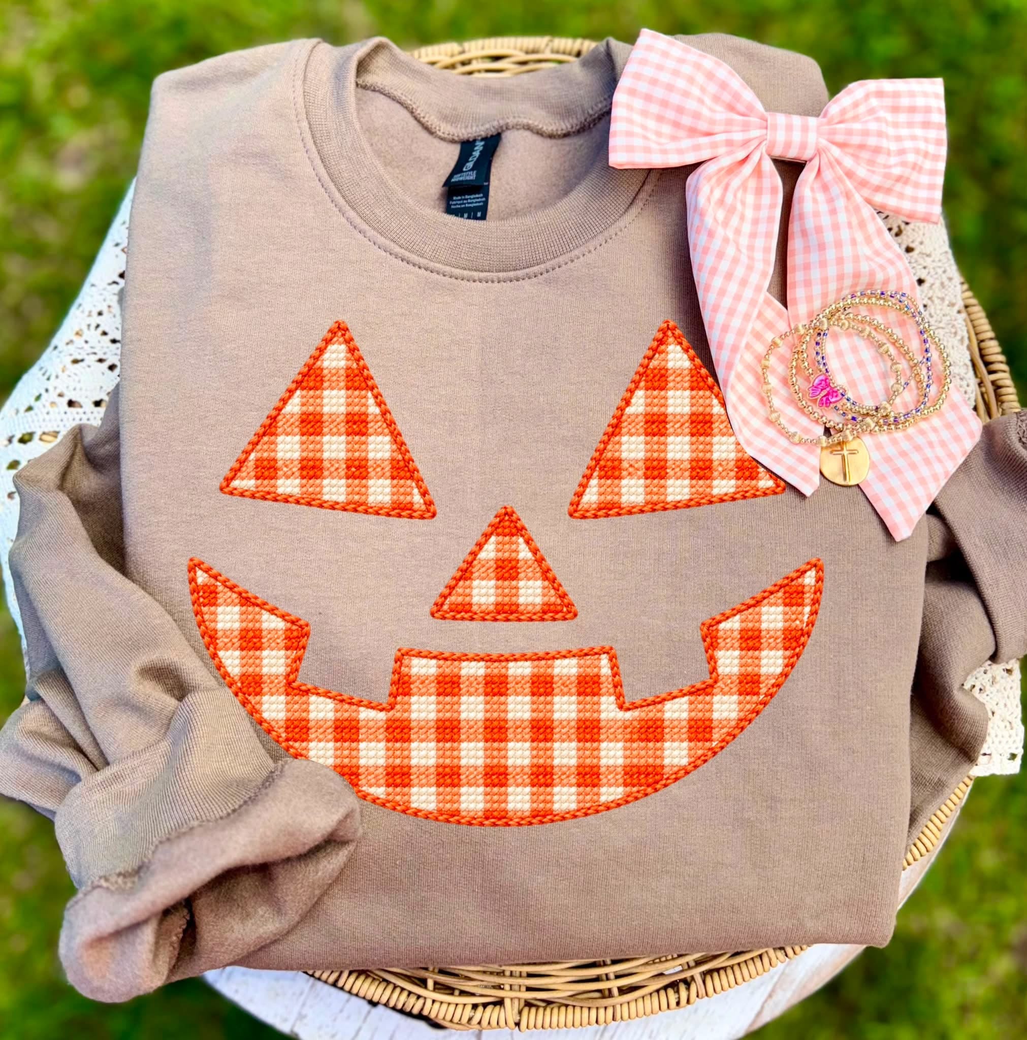 Orange Gingham Jack-O-Lantern - Brown Crewneck