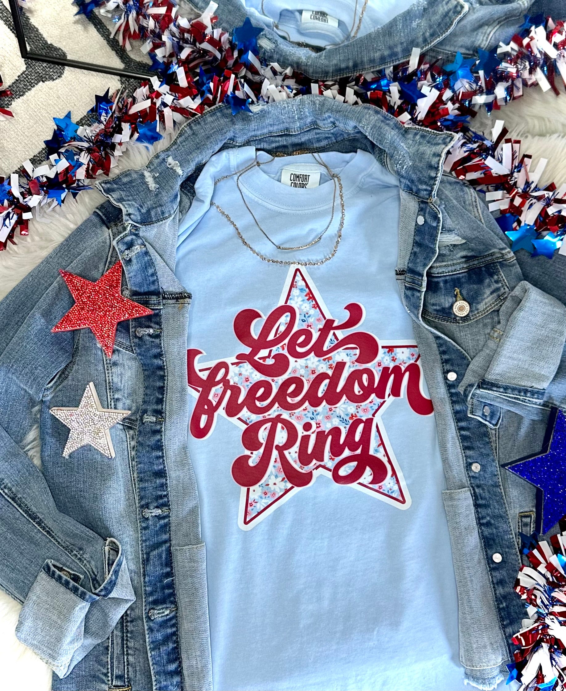 LET FREEDOM RING, FLORAL - LIGHT BLUE TEE