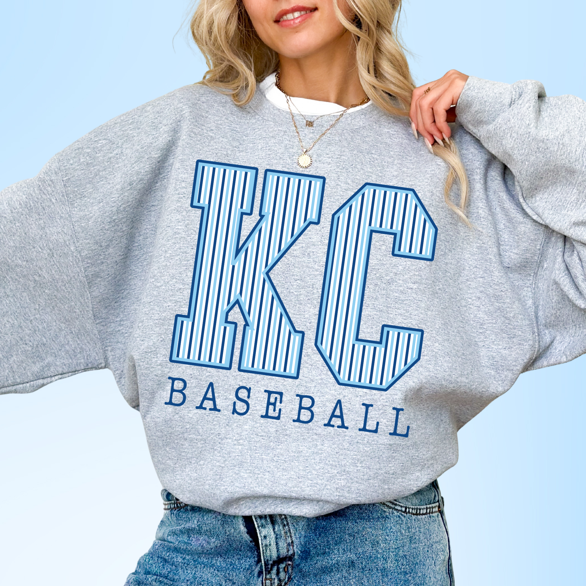 Striped KC Baseball - Sport Grey Crewneck