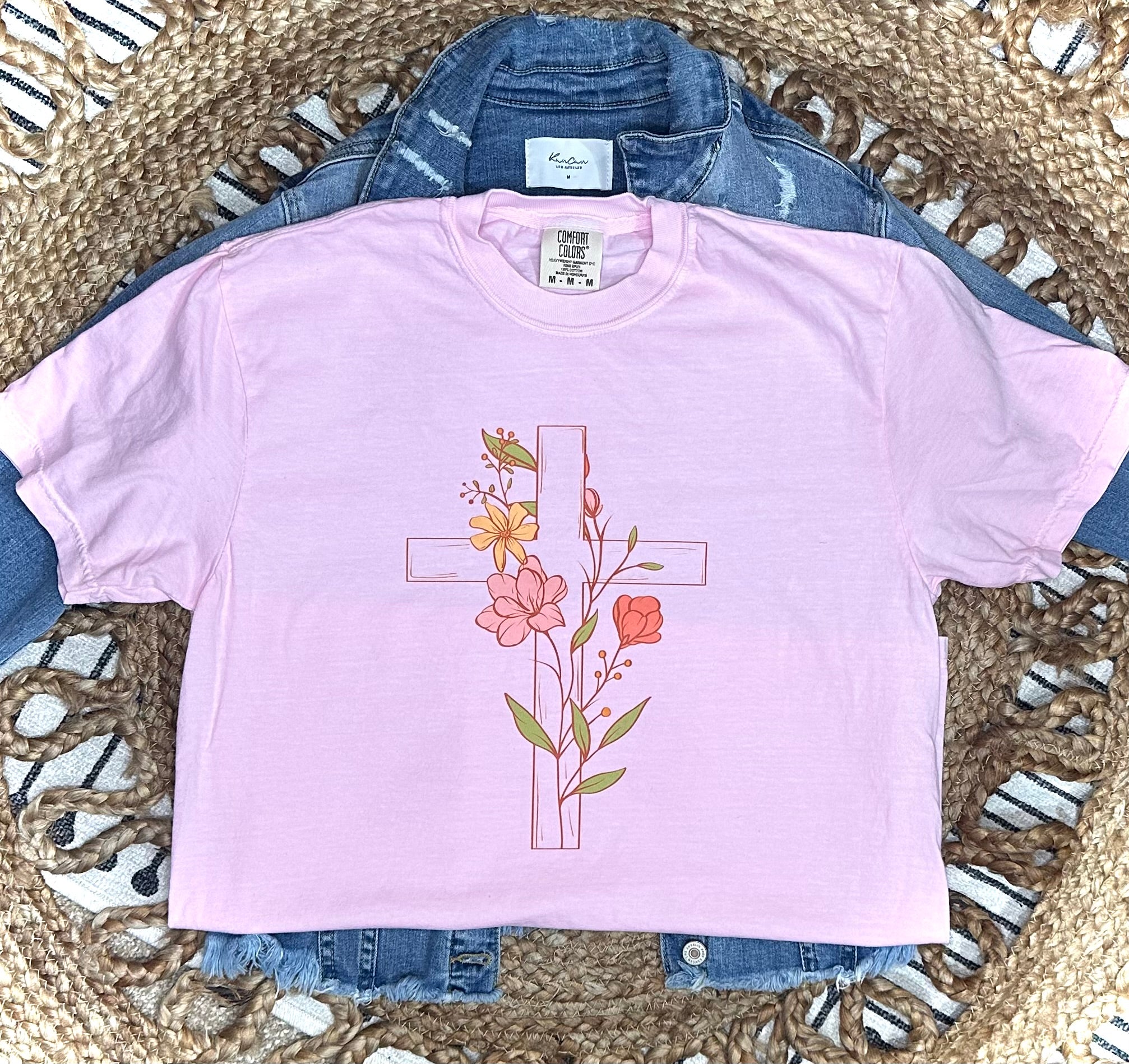 FLORAL CROSS - PINK TEE
