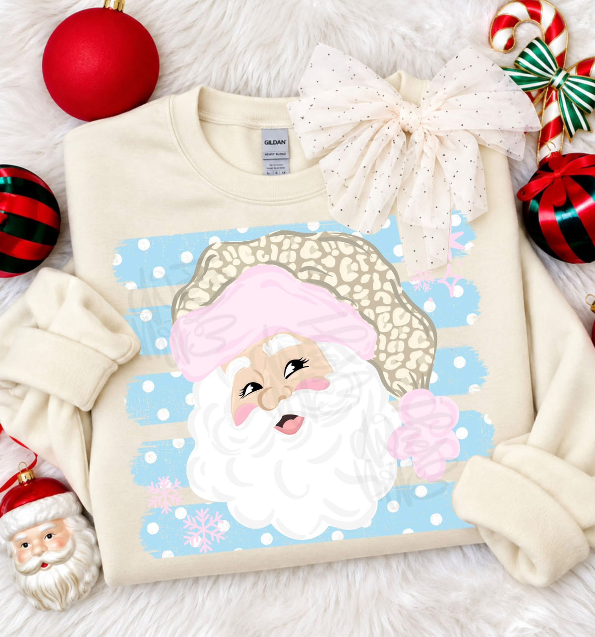 Blue Polka Dot Stripes with Leopard Santa - Off White Crewneck
