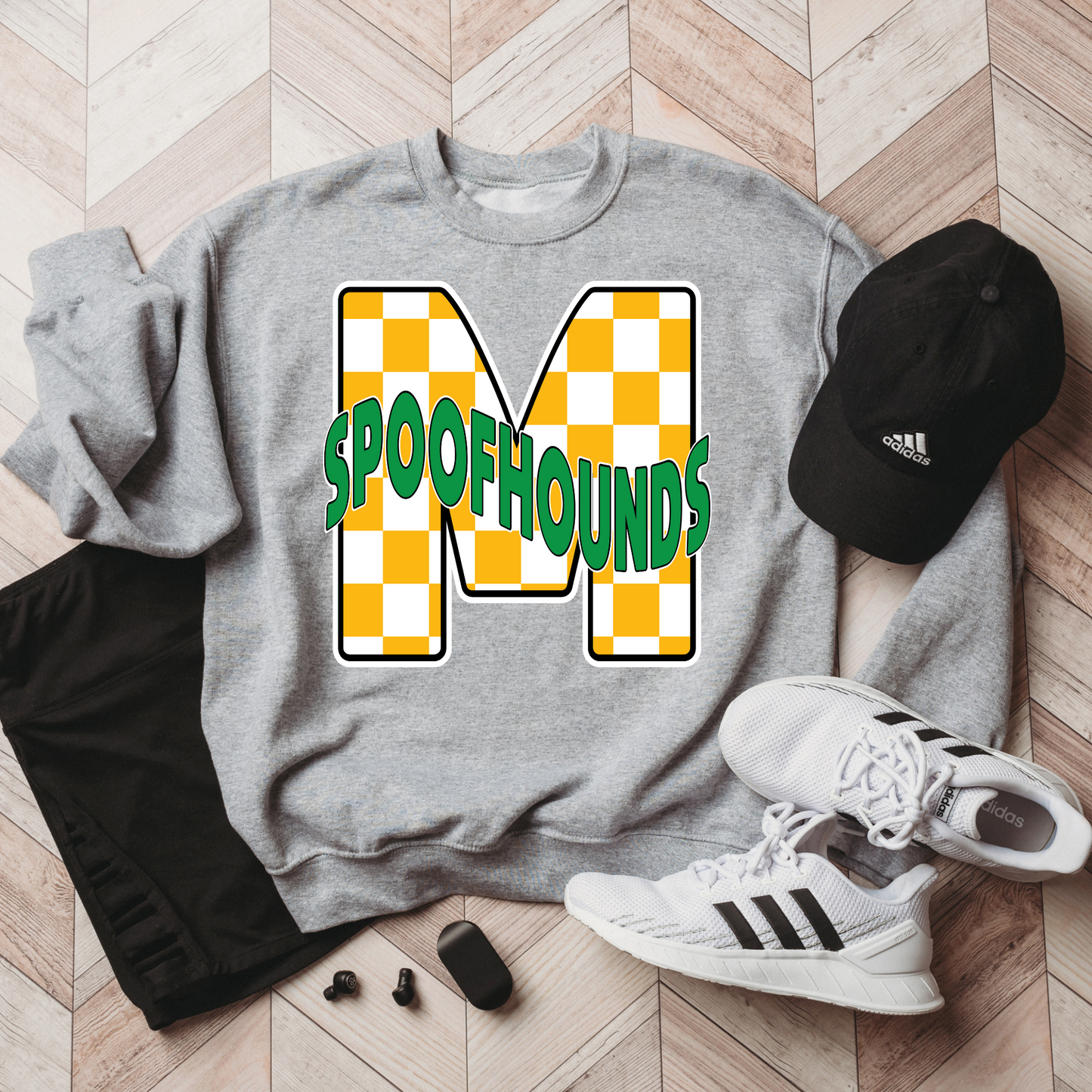 Checkered Spoofhounds Gold M on Grey Crewneck