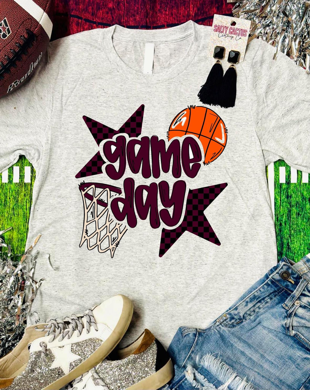 GAME DAY STARS, HOOP, & BASKETBALL - OATMEAL TEE