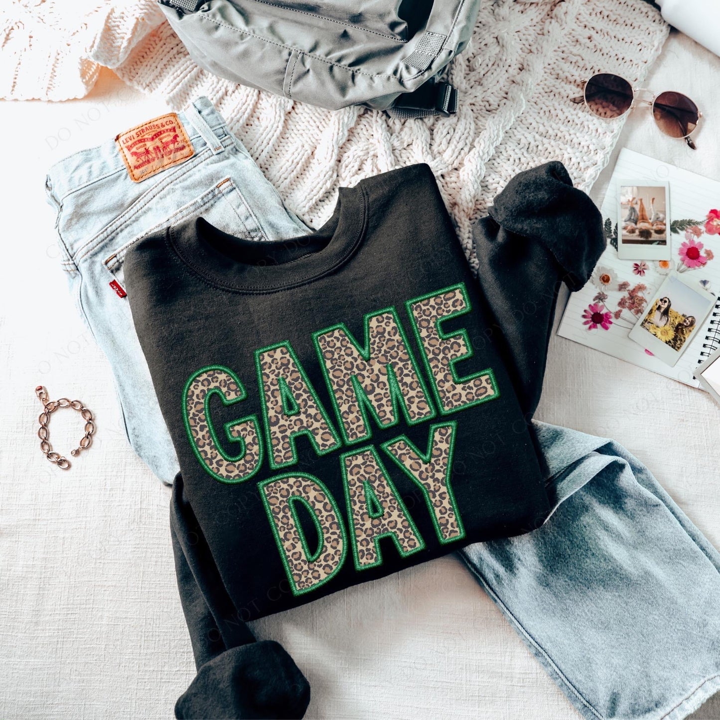 Leopard GAME DAY Green Faux Embroidery Black Crewneck