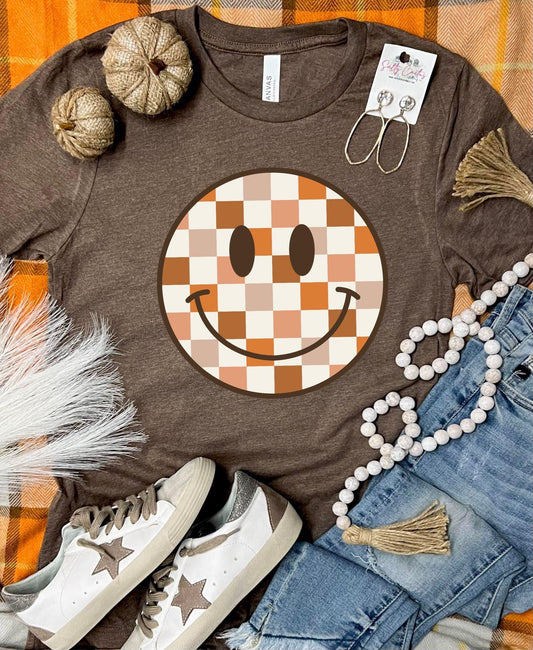 FALL CHECKERED SMILEY - BROWN TEE