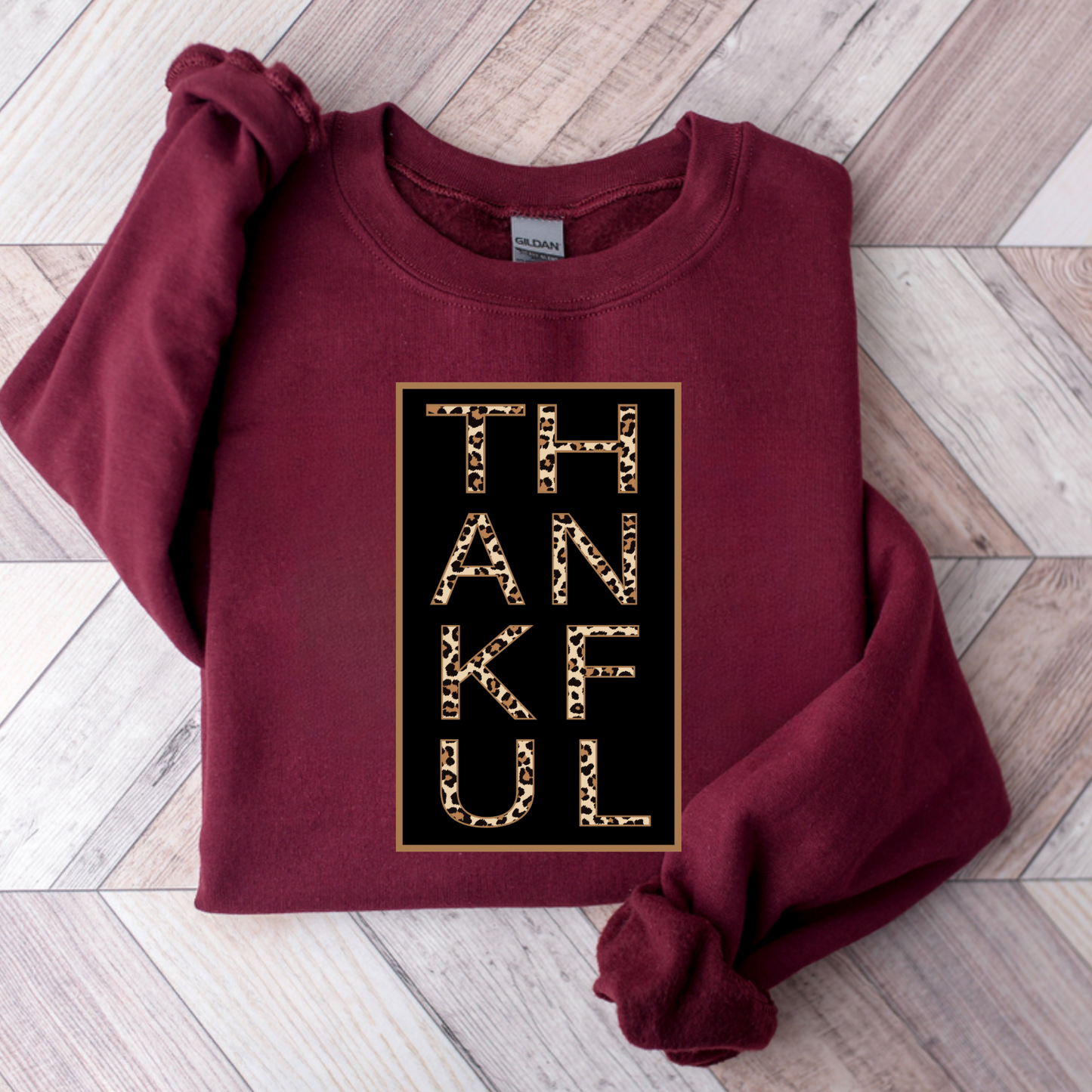 BLOCK LEOPARD THANKFUL - MAROON CREWNECK