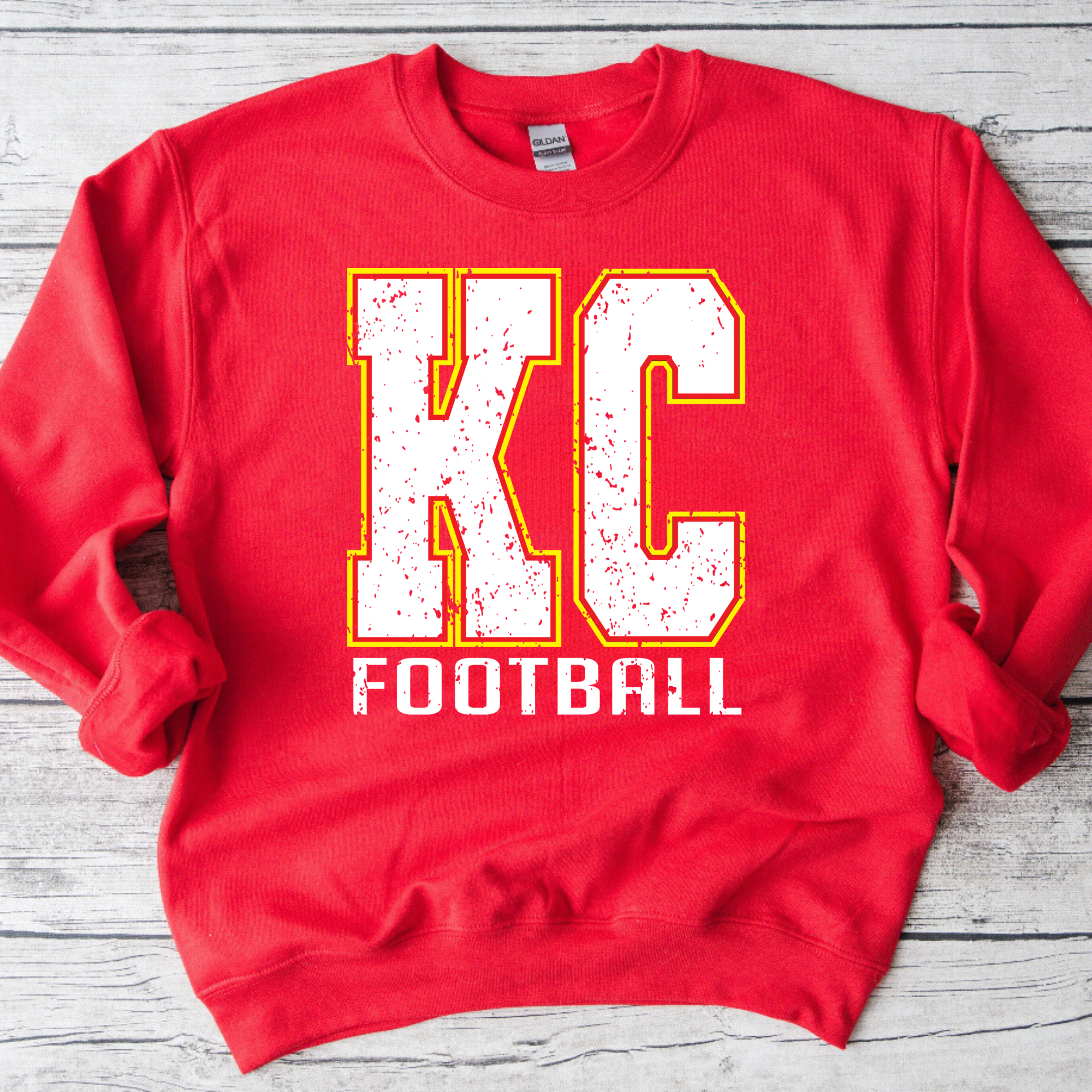 Distressed KC on Red Crewneck