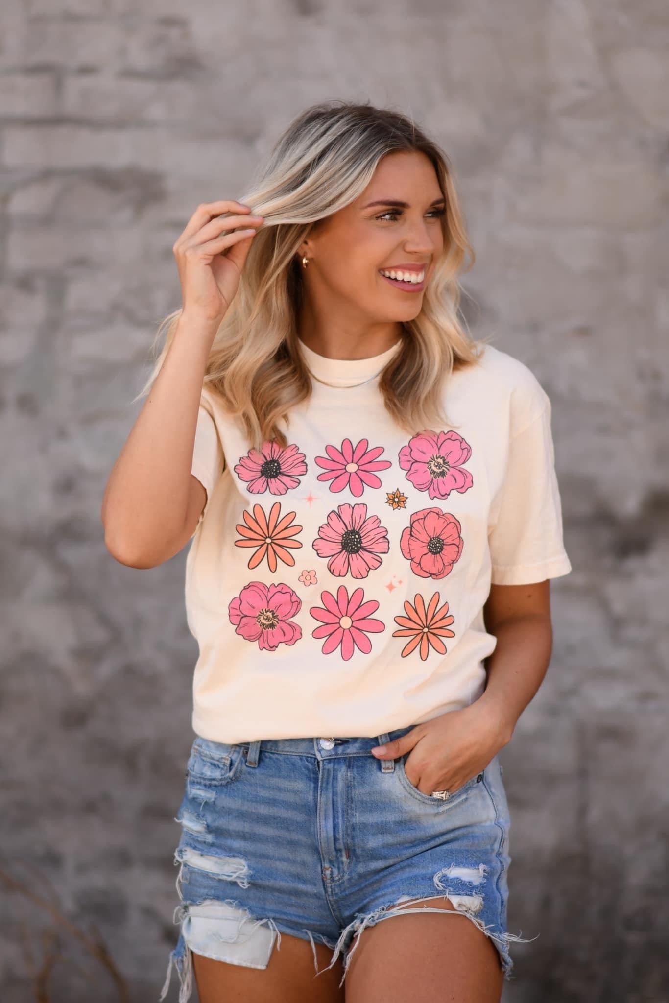 Pink Flowers on Natural Tee